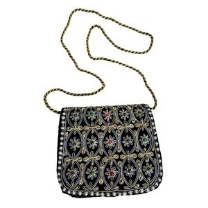 Vintage Velvet Black and Gold Shoulder Bag